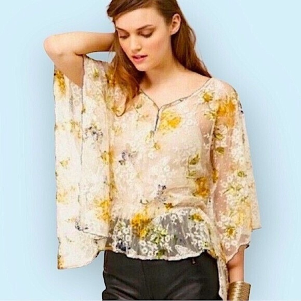 Free People Chrissy Floral Mesh Lace Blouse Womens Small White Yellow Sheer Boho